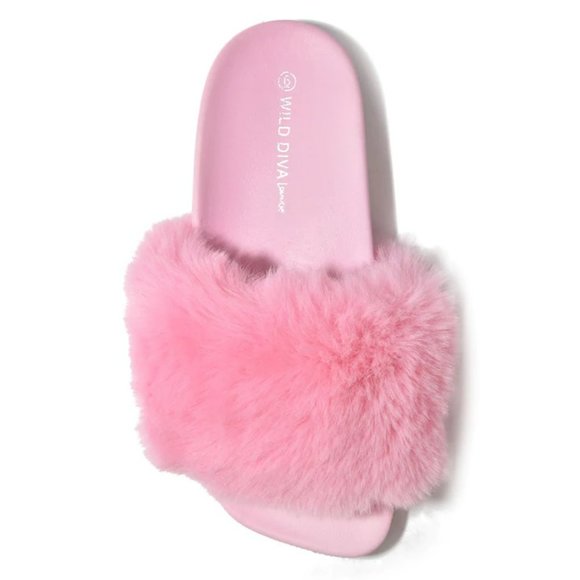 SALE! Rhinestone Embellished Faux Fur Fluffy Open Toe Flat Slide Sandals - Picture 3 of 4